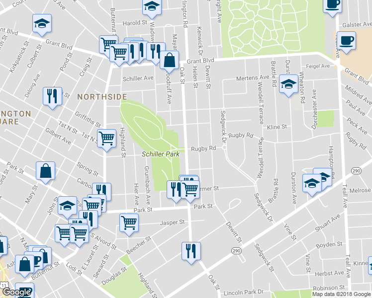map of restaurants, bars, coffee shops, grocery stores, and more near Oak Street & Rugby Road in Syracuse