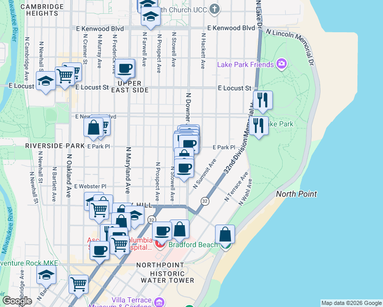 map of restaurants, bars, coffee shops, grocery stores, and more near 2621 North Hackett Avenue in Milwaukee