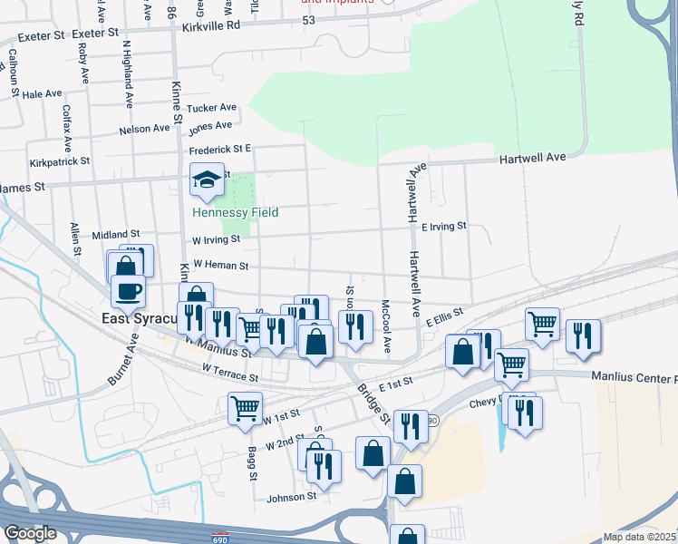 map of restaurants, bars, coffee shops, grocery stores, and more near 112 East Heman Street in East Syracuse