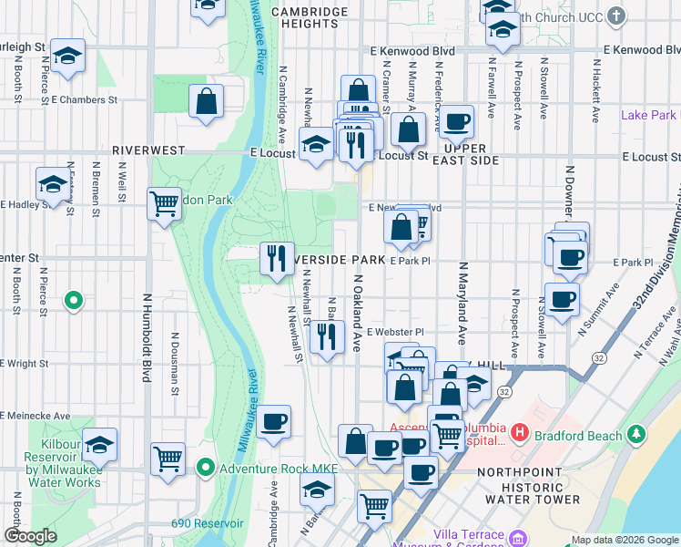 map of restaurants, bars, coffee shops, grocery stores, and more near 2613 North Bartlett Avenue in Milwaukee