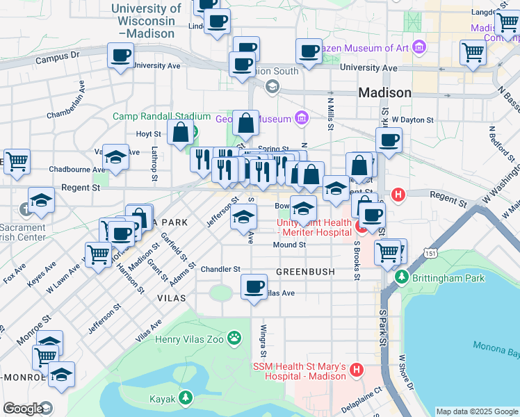 map of restaurants, bars, coffee shops, grocery stores, and more near 1329 Bowen Court in Madison