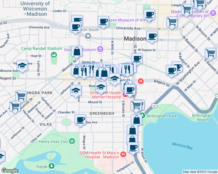 map of restaurants, bars, coffee shops, grocery stores, and more near 1111 Bowen Court in Madison