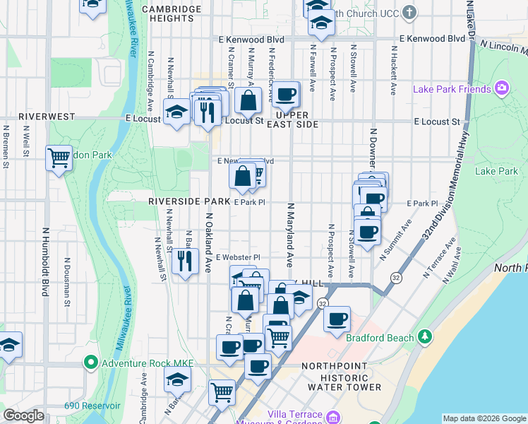 map of restaurants, bars, coffee shops, grocery stores, and more near 2637 North Frederick Avenue in Milwaukee