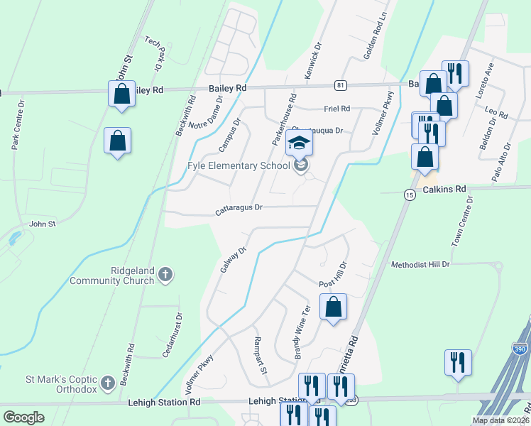 map of restaurants, bars, coffee shops, grocery stores, and more near 44 Galway Drive in Rochester