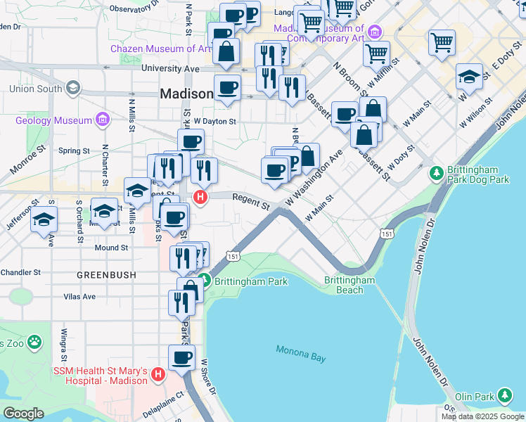 map of restaurants, bars, coffee shops, grocery stores, and more near 720 West Washington Avenue in Madison