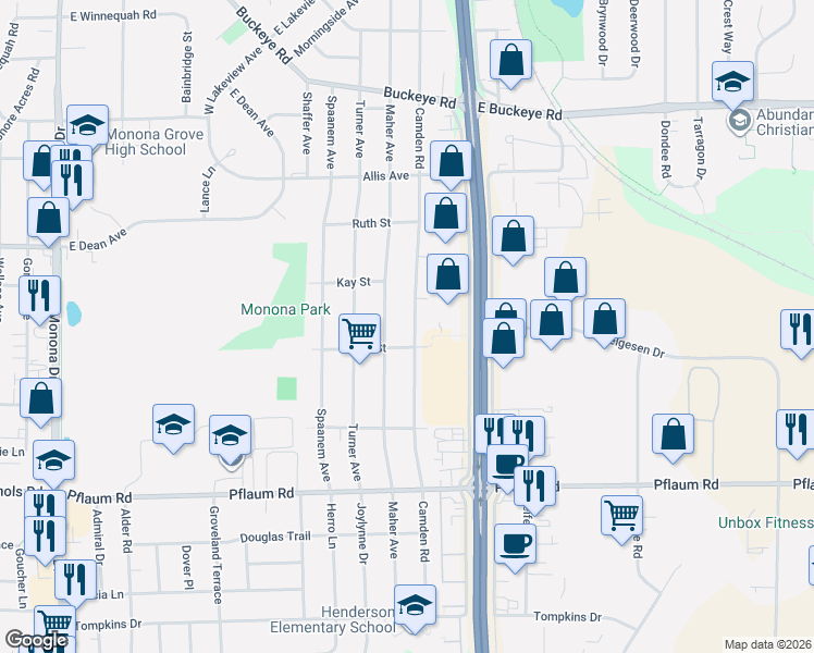 map of restaurants, bars, coffee shops, grocery stores, and more near 5105 Camden Road in Madison