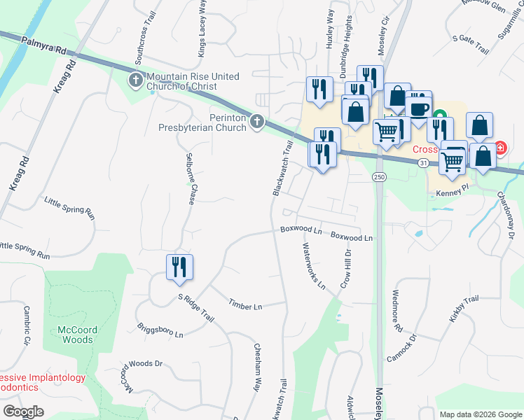 map of restaurants, bars, coffee shops, grocery stores, and more near 29 Blackwatch Trail in Fairport