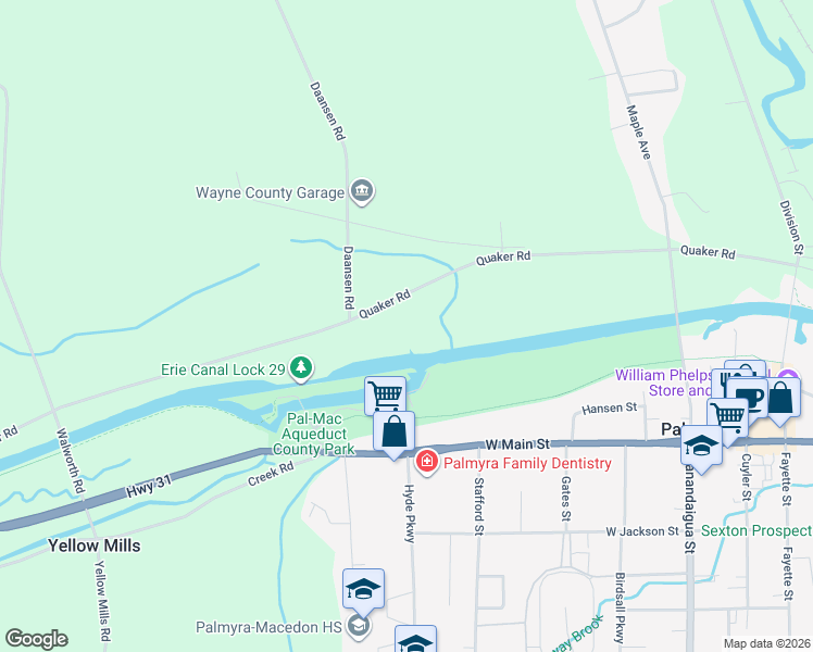 map of restaurants, bars, coffee shops, grocery stores, and more near 2822 Quaker Road in Palmyra