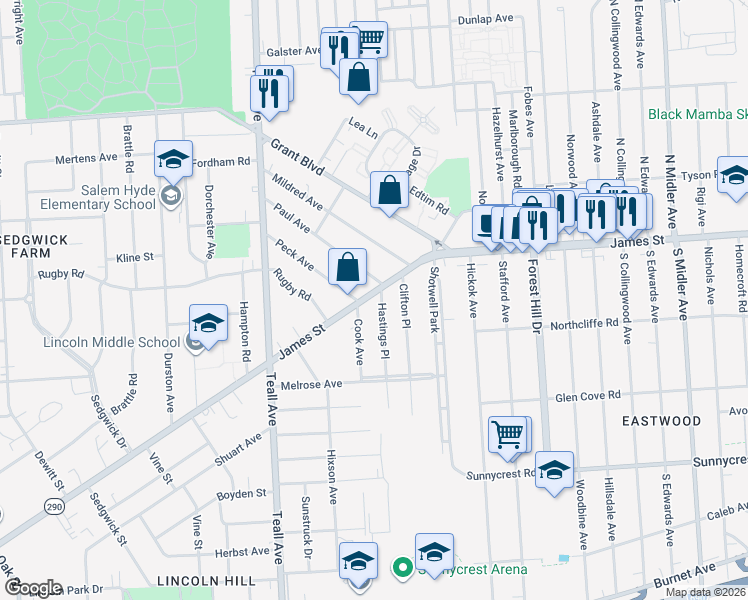 map of restaurants, bars, coffee shops, grocery stores, and more near 131 Hastings Place in Syracuse