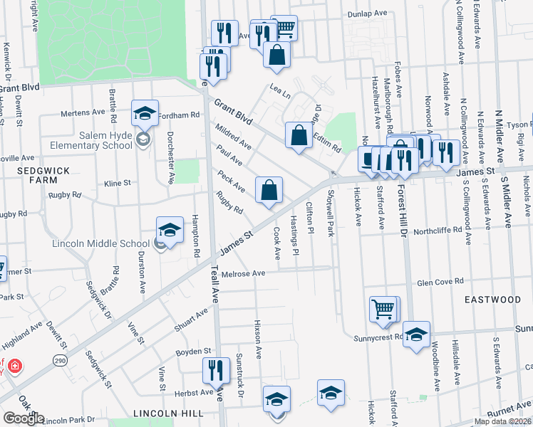 map of restaurants, bars, coffee shops, grocery stores, and more near 1927 James Street in Syracuse