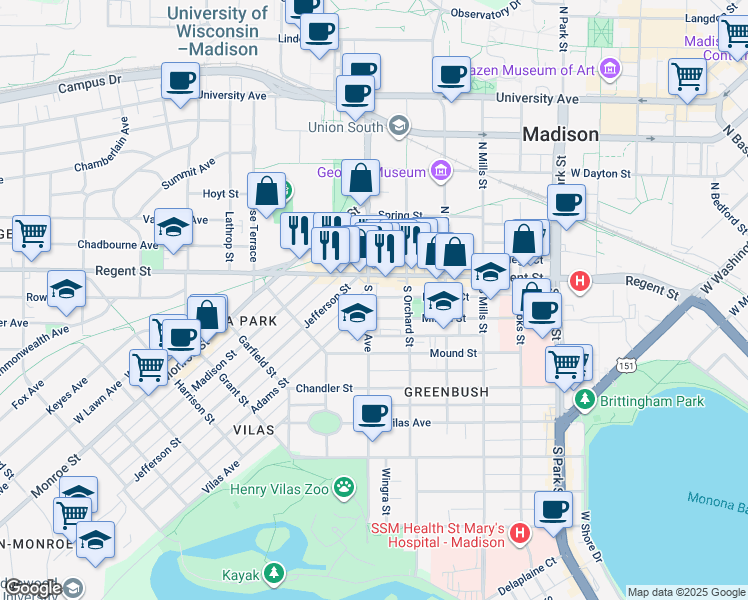 map of restaurants, bars, coffee shops, grocery stores, and more near 21 South Randall Avenue in Madison