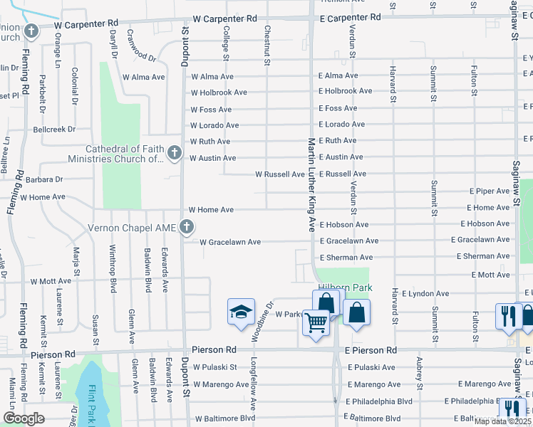 map of restaurants, bars, coffee shops, grocery stores, and more near 309 West Home Avenue in Flint