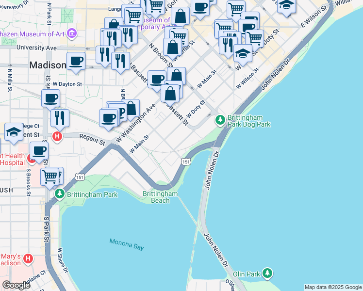 map of restaurants, bars, coffee shops, grocery stores, and more near 539 West Wilson Street in Madison