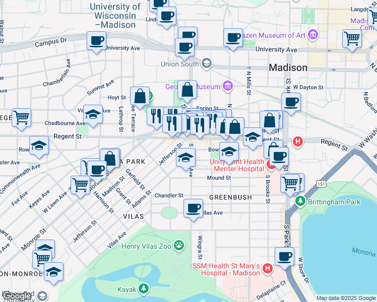 map of restaurants, bars, coffee shops, grocery stores, and more near 20 South Randall Avenue in Madison
