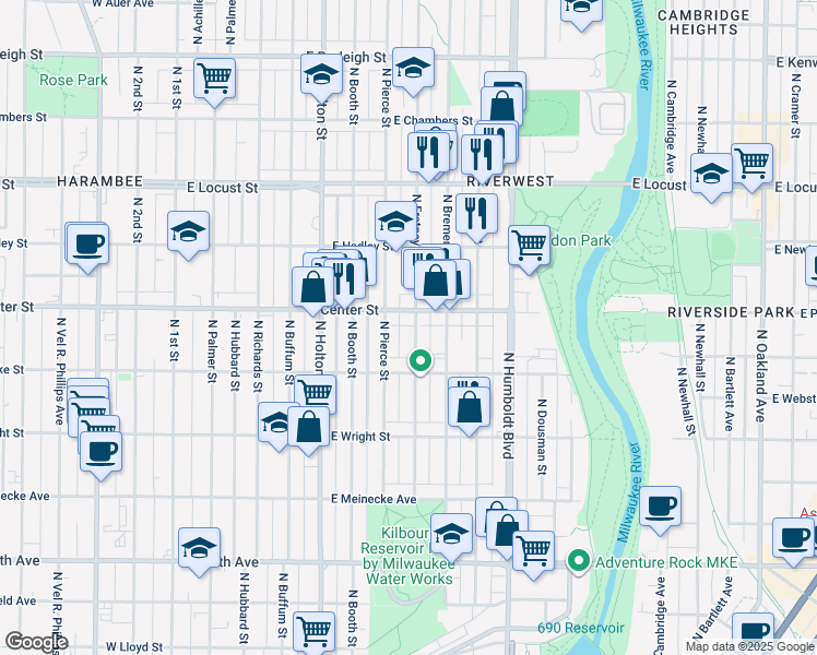 map of restaurants, bars, coffee shops, grocery stores, and more near 2638 North Fratney Street in Milwaukee