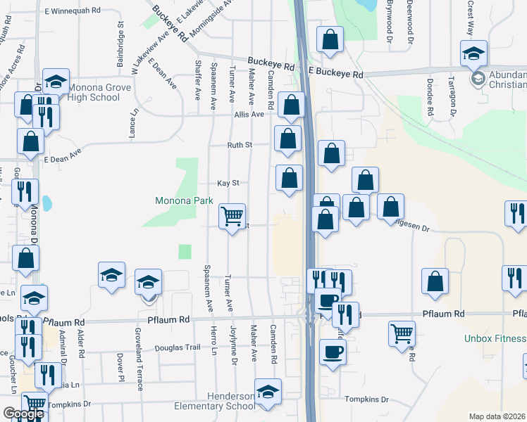 map of restaurants, bars, coffee shops, grocery stores, and more near 5105 Camden Road in Madison
