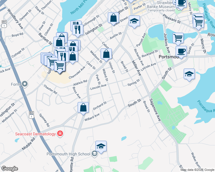 map of restaurants, bars, coffee shops, grocery stores, and more near 194 Wibird Street in Portsmouth
