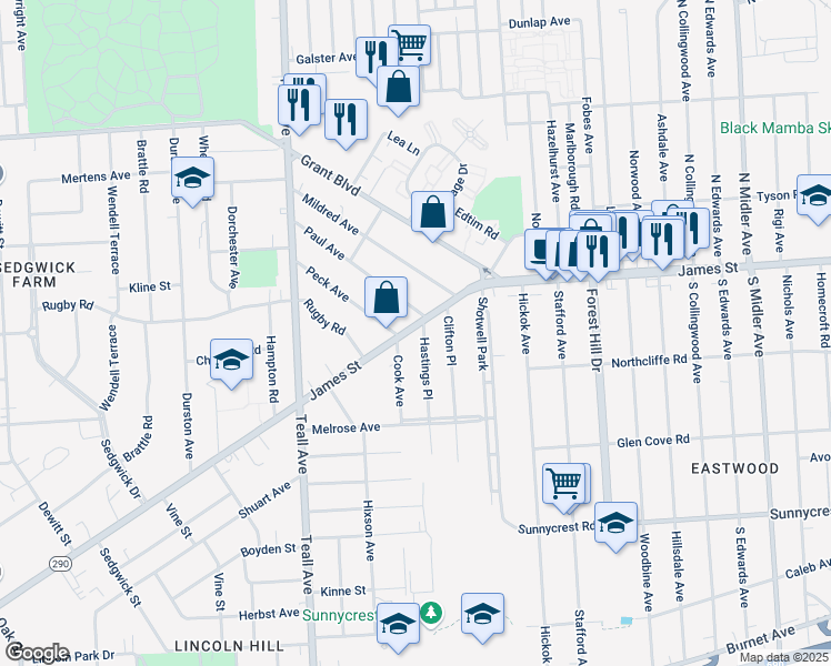 map of restaurants, bars, coffee shops, grocery stores, and more near 131 Hastings Place in Syracuse