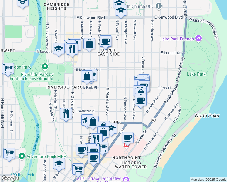 map of restaurants, bars, coffee shops, grocery stores, and more near 2617 North Farwell Avenue in Milwaukee