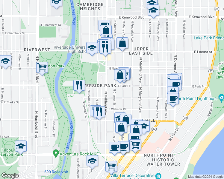 map of restaurants, bars, coffee shops, grocery stores, and more near 1904 East Belleview Place in Milwaukee