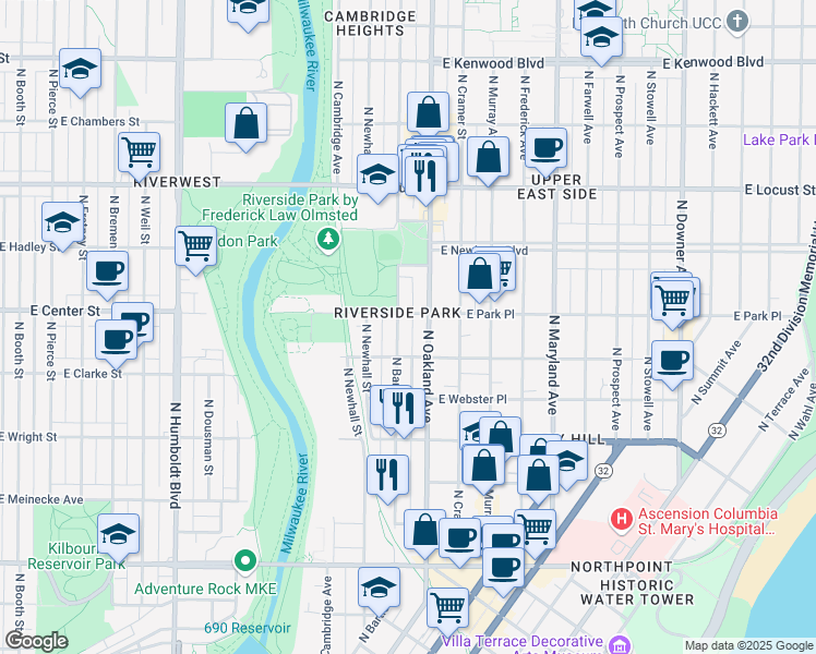 map of restaurants, bars, coffee shops, grocery stores, and more near 2613 North Bartlett Avenue in Milwaukee