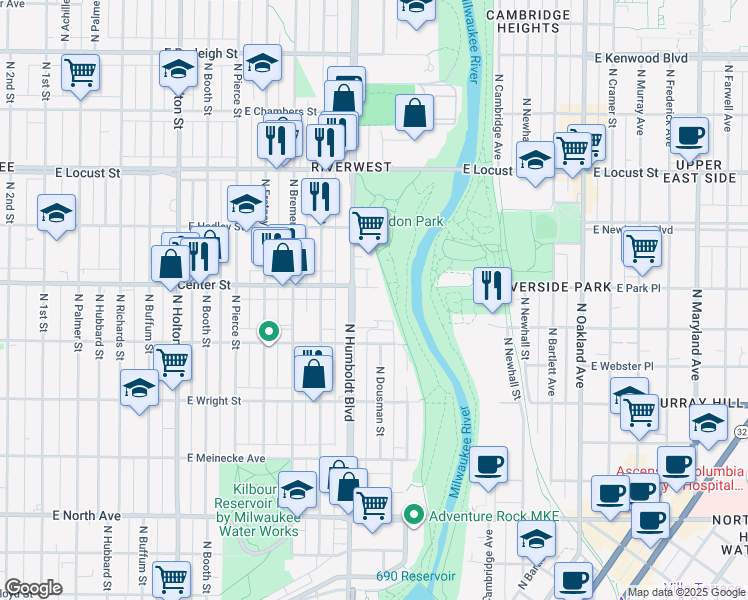 map of restaurants, bars, coffee shops, grocery stores, and more near 2650 North Humboldt Boulevard in Milwaukee