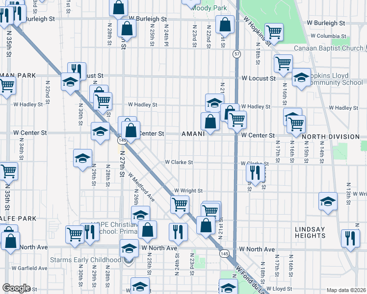 map of restaurants, bars, coffee shops, grocery stores, and more near 2618 North 24th Street in Milwaukee