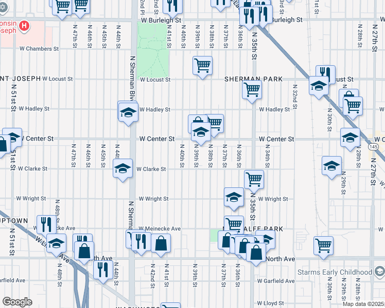 map of restaurants, bars, coffee shops, grocery stores, and more near 2612 North 40th Street in Milwaukee