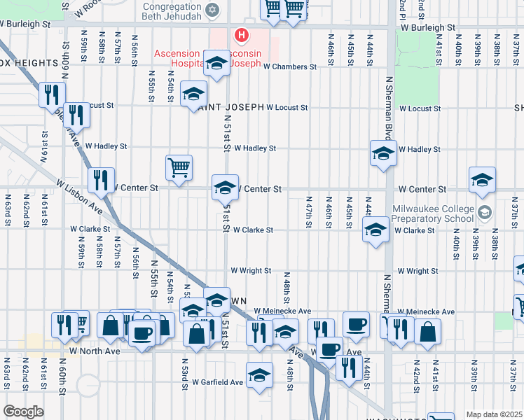 map of restaurants, bars, coffee shops, grocery stores, and more near in Wauwatosa
