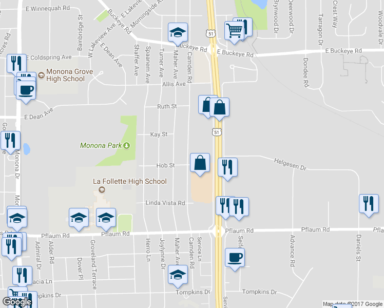 map of restaurants, bars, coffee shops, grocery stores, and more near 5028 Camden Road in Madison