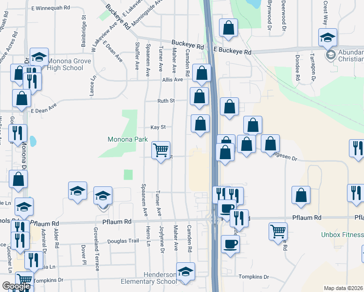map of restaurants, bars, coffee shops, grocery stores, and more near 5105 Camden Road in Madison