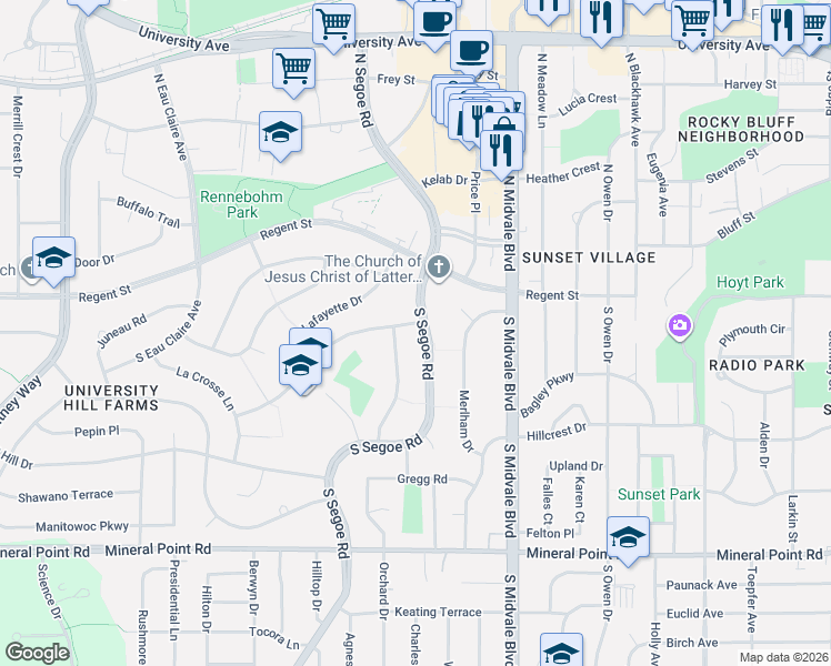 map of restaurants, bars, coffee shops, grocery stores, and more near 109 Richland Lane in Madison
