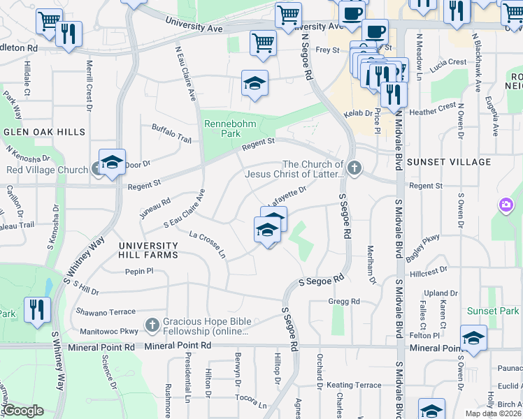 map of restaurants, bars, coffee shops, grocery stores, and more near 4754 Lafayette Drive in Madison
