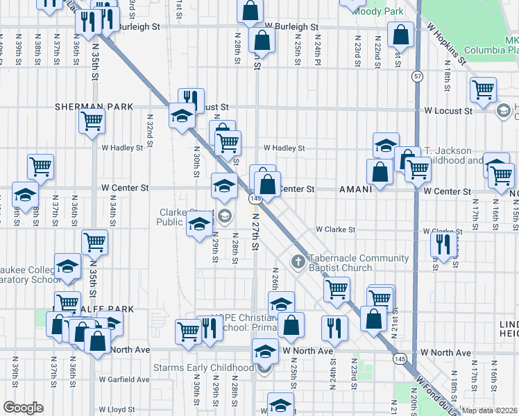 map of restaurants, bars, coffee shops, grocery stores, and more near 2617 West Fond Du Lac Avenue in Milwaukee