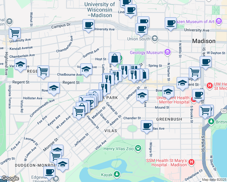 map of restaurants, bars, coffee shops, grocery stores, and more near 1611 Monroe Street in Madison