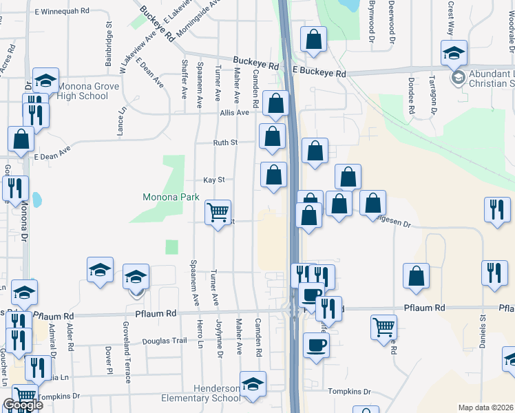map of restaurants, bars, coffee shops, grocery stores, and more near 5020 Camden Road in Madison
