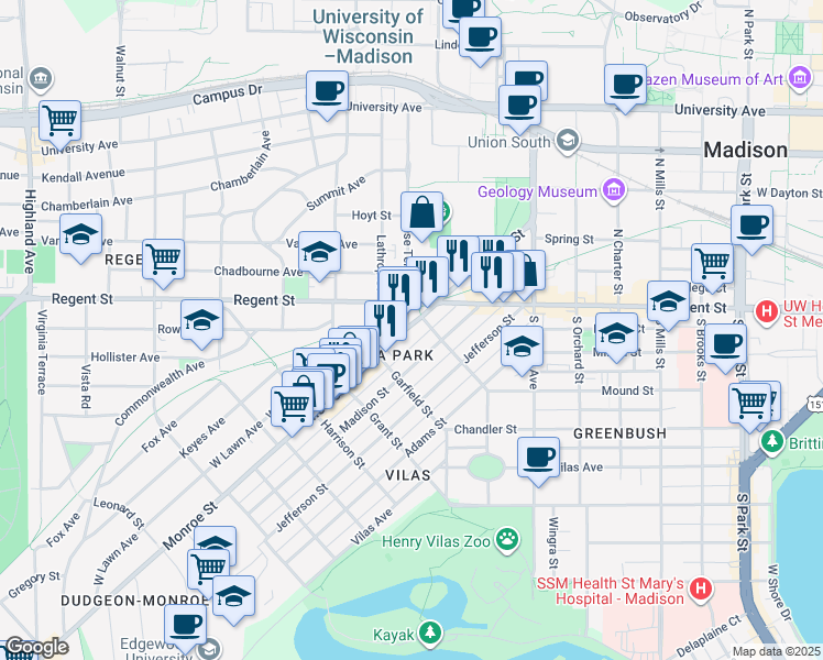 map of restaurants, bars, coffee shops, grocery stores, and more near 1611 Monroe Street in Madison