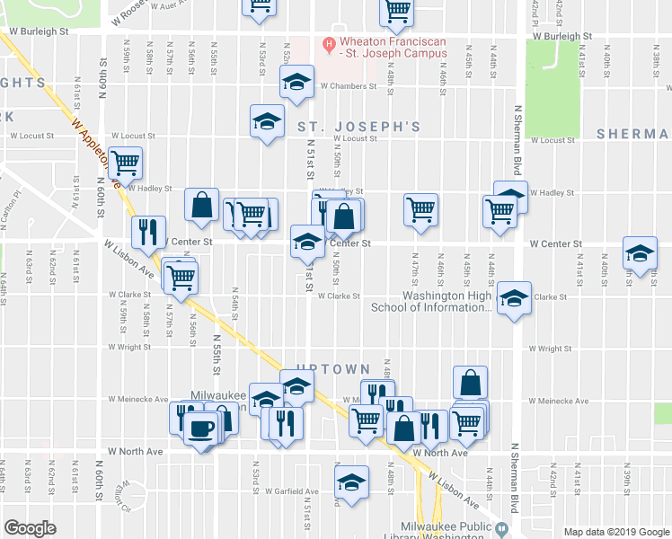 map of restaurants, bars, coffee shops, grocery stores, and more near 2645 North 50th Street in Milwaukee