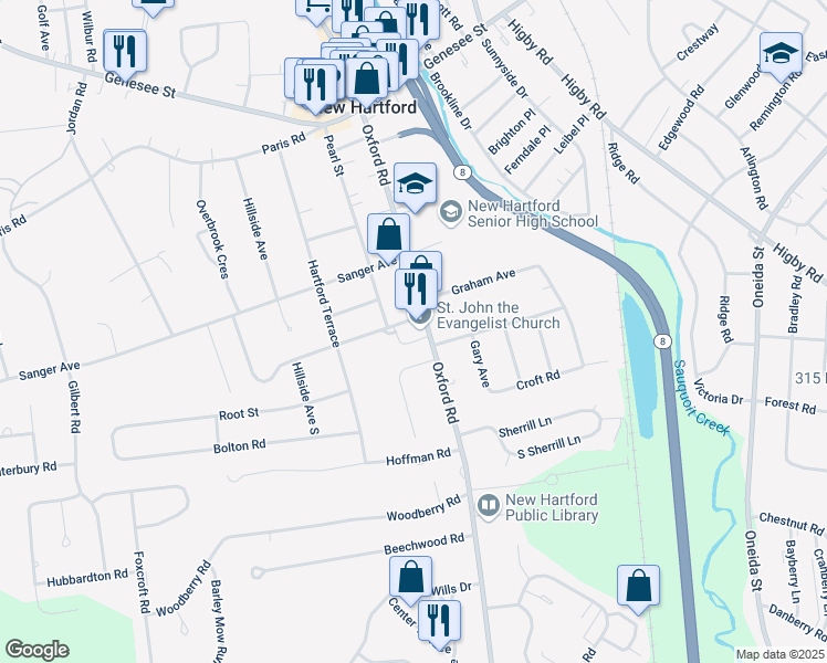 map of restaurants, bars, coffee shops, grocery stores, and more near 66 Oxford Road in New Hartford