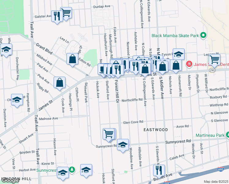 map of restaurants, bars, coffee shops, grocery stores, and more near 170 Forest Hill Drive in Syracuse