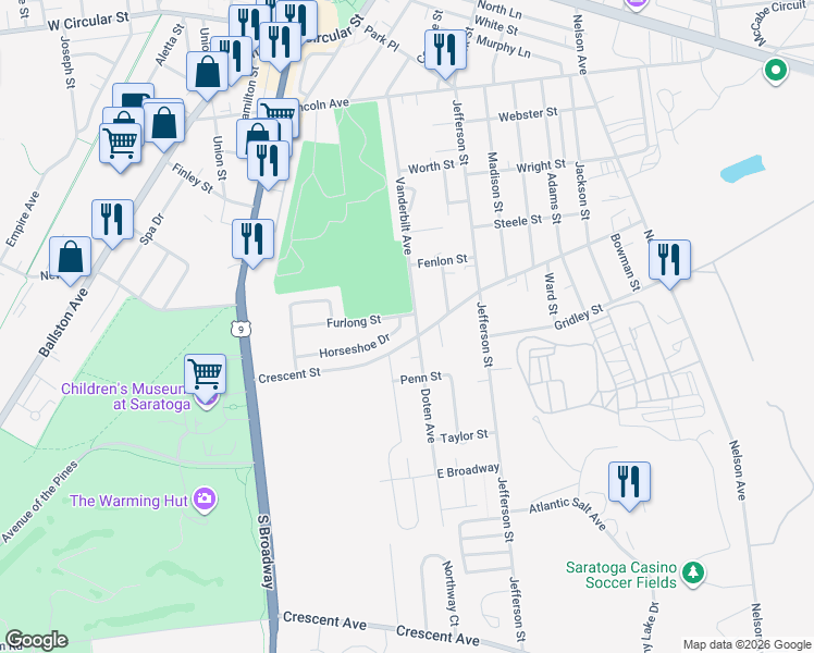 map of restaurants, bars, coffee shops, grocery stores, and more near 1 Doten Avenue in Saratoga Springs