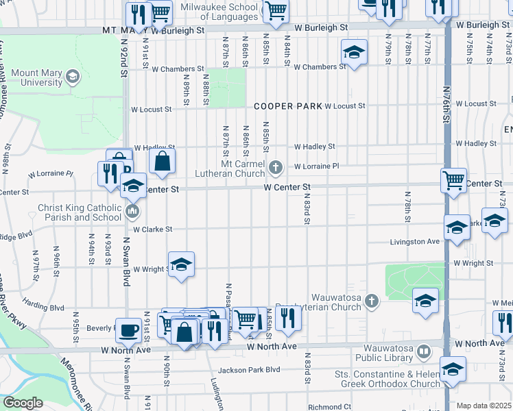 map of restaurants, bars, coffee shops, grocery stores, and more near 2617 North 86th Street in Wauwatosa