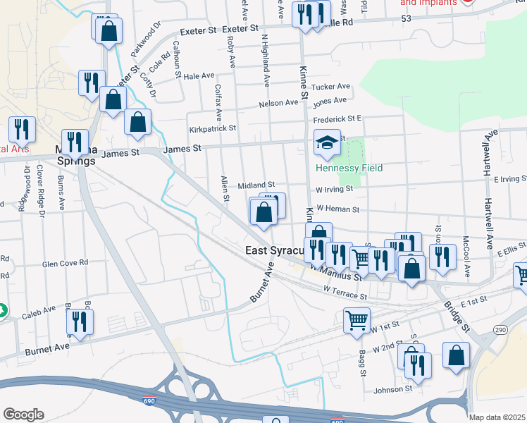 map of restaurants, bars, coffee shops, grocery stores, and more near 506 West Yates Street in East Syracuse