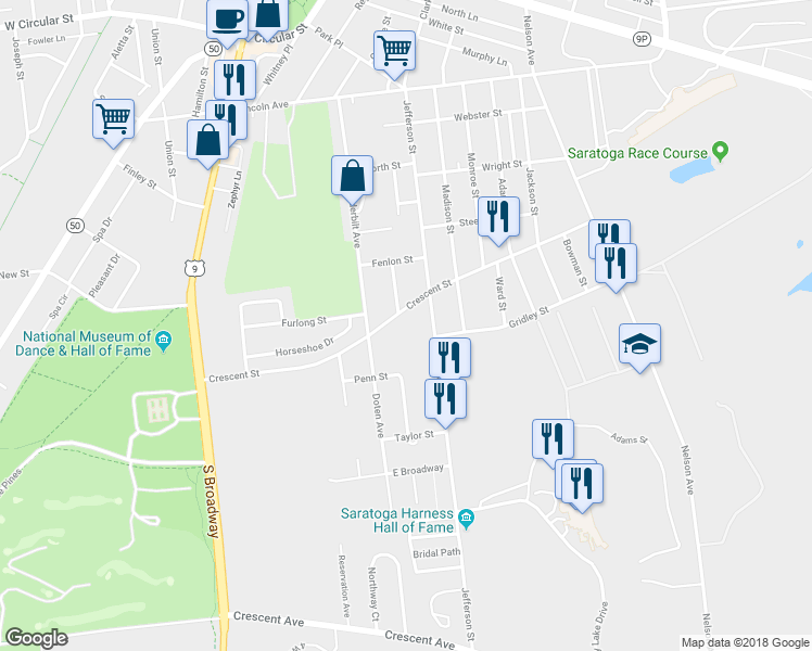 map of restaurants, bars, coffee shops, grocery stores, and more near 90 Crescent Street in Saratoga Springs