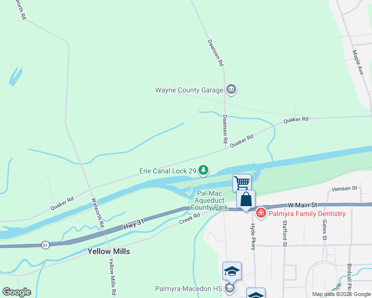 map of restaurants, bars, coffee shops, grocery stores, and more near 2660 Quaker Road in Palmyra