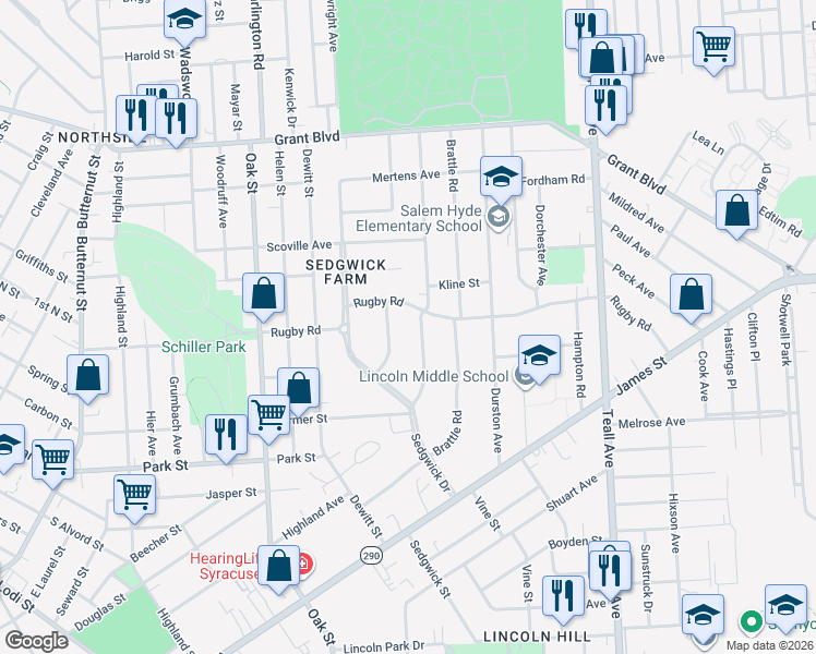 map of restaurants, bars, coffee shops, grocery stores, and more near 106 Hampshire Road in Syracuse