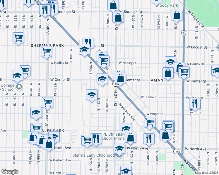 map of restaurants, bars, coffee shops, grocery stores, and more near 2629 North 27th Street in Milwaukee