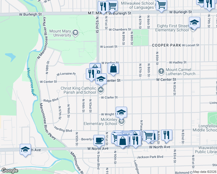 map of restaurants, bars, coffee shops, grocery stores, and more near 2622 North 91st Street in Wauwatosa