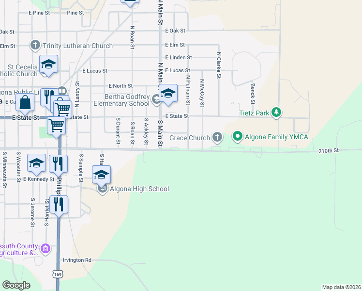 map of restaurants, bars, coffee shops, grocery stores, and more near 1666-1728 210th Street in Algona