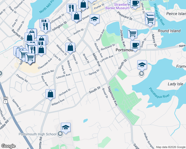 map of restaurants, bars, coffee shops, grocery stores, and more near 126 Spring Street in Portsmouth